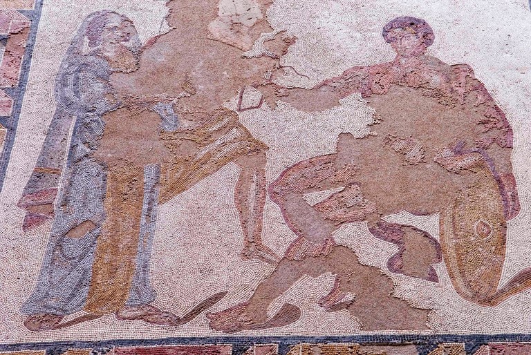 Detalle del mosaico de la devolución de Briseida a Aquiles (Carranque, Toledo)